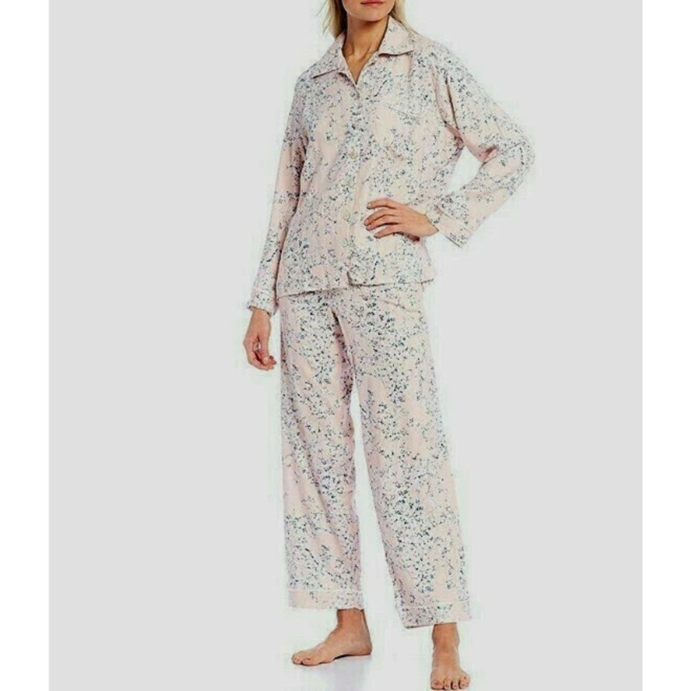 Papinelle Pink Cherry Blossom Floral Pajama Set Long Sleeve Button Down Medium